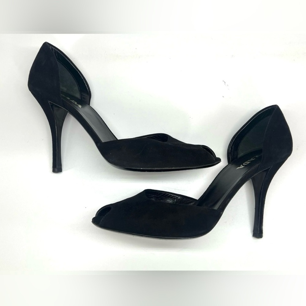 Vintage Prada Black Suede Peeptoe Stiletto Pumps D’Orsay Style Size 39 US 9 Nine - Picture 5 of 10